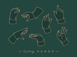 Set of curvy hands with fingers icons in different positions drawing with emerald color on green background vector