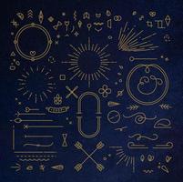 Flat design elements in vintage style drawing with gold lines on blue background vector