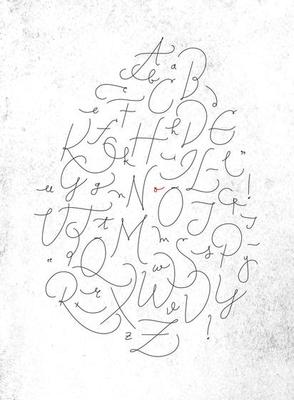 Alphabet in calligraphic pen line style drawing with black color on dirty paper background