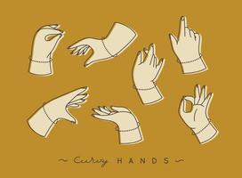 Set of curvy hands with fingers icons in different positions drawing with beige color on mustard background vector