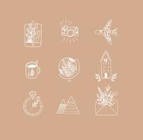 Set of travel nature icons in hand made line style tablet, camera, plane, tea cup, globe, house building, clock, mountains, envelope drawing on peach background vector