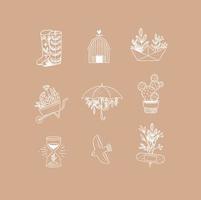 Set of floral garden icons in hand made line style boots, barn, origami, garden cart, umbrella, cactus, hourglass, bird, plaster drawing on peach background vector