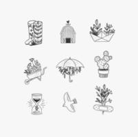 Set of floral garden icons in hand made line style boots, barn, origami, garden cart, umbrella, cactus, hourglass, bird, plaster drawing on white background vector