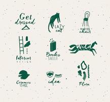 Crosshatch pen line style modern symbols drawing in green color on beige background vector