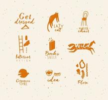 Crosshatch pen line style modern symbols drawing in mustard color vector