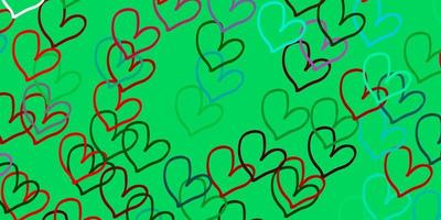 Light Green, Red vector background with Shining hearts.