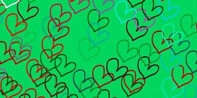 Light Green, Red vector background with Shining hearts.