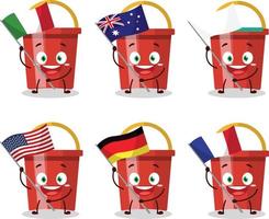 Sand bucket cartoon character bring the flags of various countries vector