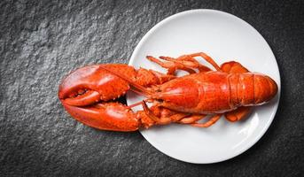 Lobster on white plate with dark background - seafood shrimp prawn photo