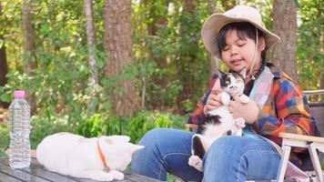 asiático niña sentado con tricolor gato video