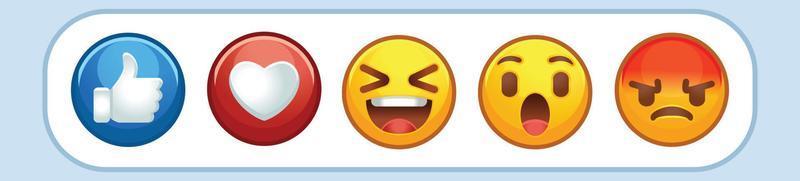 Emoji reactions. Thumb up Like, Love heart, Haha laughing, Wow surprised emoticon, Sad crying and Angry flushed face cartoon set collection stylized vector icons