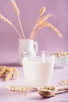 Homemade oat milk in a glass and oatmeal on the table. Alternative to lactose. Vertical view photo