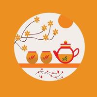 Red and yellow chinese teapots and cups of tea vector