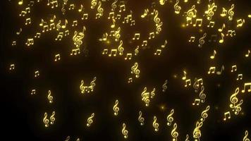 Music Background With Glowing Music Symbol. Music Symbols Flying On Black Background. Golden Bright Music Notes Flying Animation Uses For Music Shows And Video Effects