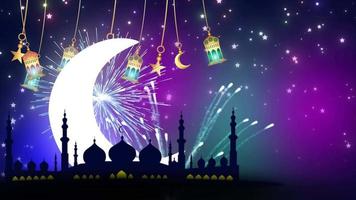 Ramadan kareem Hintergrund und eid Mubarak hintergrund.eid Mubarak traditionell Laternen mit glühend Sterne und Sonne beim Nacht Animation bg. 2d Animation von eid Mubarak und Ramadan kareem islamisch Bewegung video