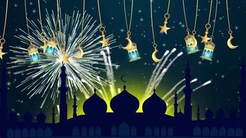 Ramadan kareem Hintergrund und eid Mubarak hintergrund.eid Mubarak traditionell Laternen mit glühend Sterne und Sonne beim Nacht Animation bg. 2d Animation von eid Mubarak und Ramadan kareem islamisch Bewegung video