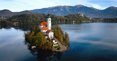 Aerial view of lake Bled and the island in the middle of it, Slovenia video