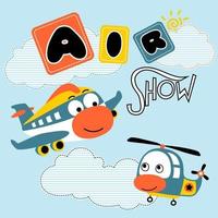 Funny plane with helicopter, vector cartoon illustration