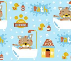 seamless pattern vector of cartoon kitten in bathtub with bathroom element