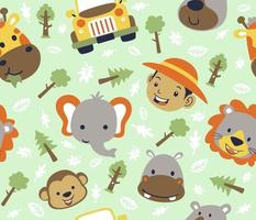 seamless pattern vector of cartoon animals smile face with a boy and car, forest elements