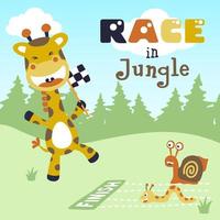 giraffe with caterpillar and snail in a funny run race, vector cartoon illustration