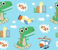 seamless pattern vector of cartoon monster with aircraft and buildings