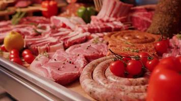 Raw organic slices of steak and sausages set of being sold in market. video