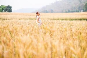 joven asiático mujer en blanco vestidos caminando en el cebada arroz campo foto