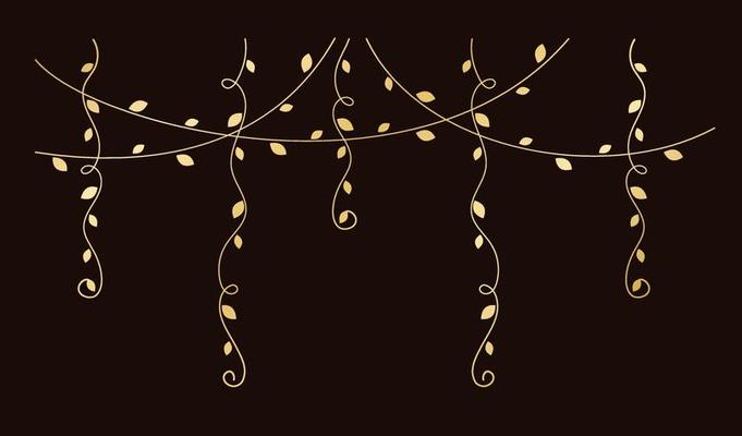 Gold hanging vines vector illustration. Golden floral botanical vine curtain design element