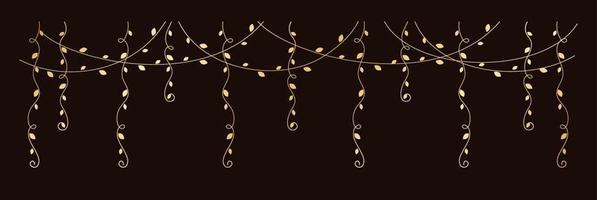 Gold hanging vines vector illustration. Golden floral botanical vine curtain design element