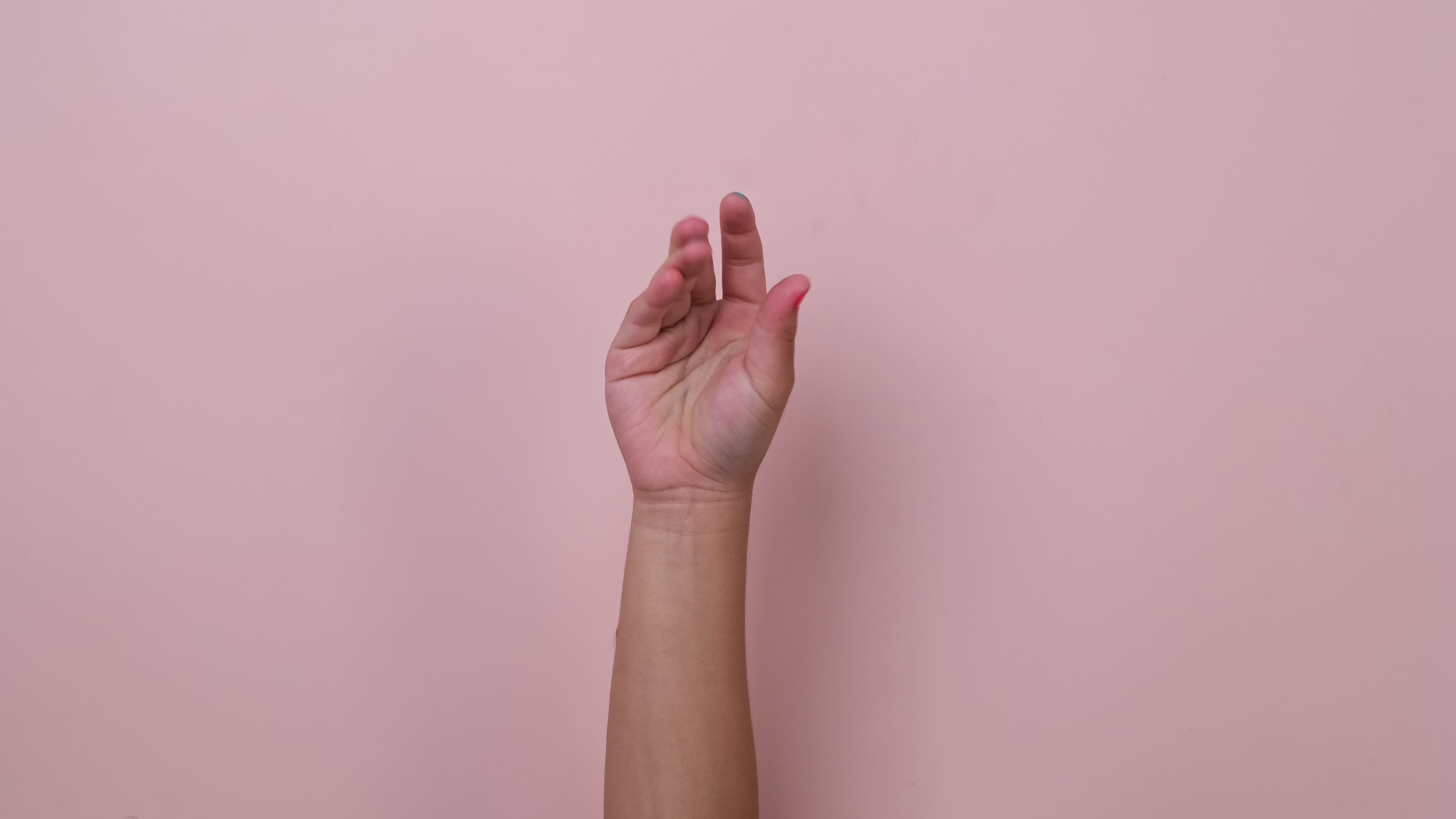 Girl hand snapping fingers symbol on pastel pink screen background. Pack of Gestures movements