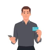 Smiling man holds smart phone and credit card, he gesture success for win money reward vector