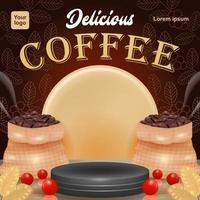 Deslicous Coffee, 3d vector podium background with decorative coffee beans in a sack. Can be used for product background