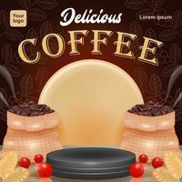 delicioso café, 3d vector podio antecedentes con decorativo café frijoles en un bolsa. lata ser usado para producto antecedentes