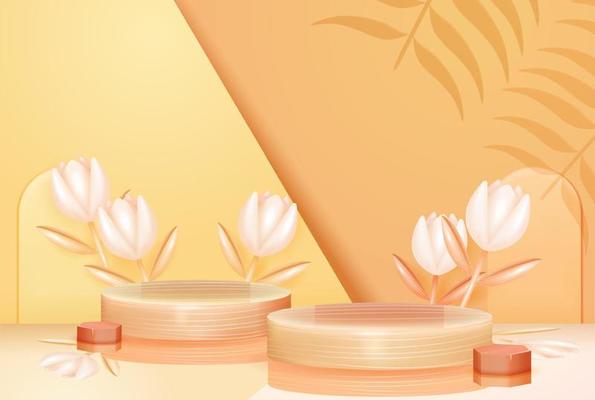 Cosmetic podium, elegant white tulip flower ornament 3d vector. Can be used for product background