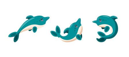 Dolphins isolated in white background. Set of playful baby dolphins for kids product designs. Vector illustration