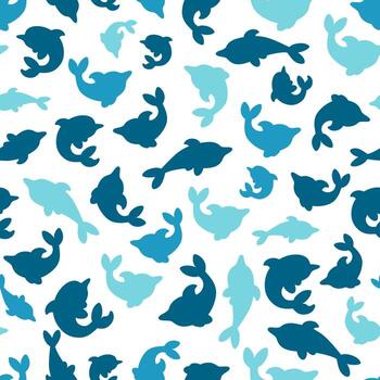 Seamless pattern with dolphins in white background. Small and big dolphins in one pattern. Vector illustration