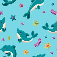 Seamless pattern with dolphins, starfish and seaweed. Pattern for various backgrounds. Cartoon vector illustration.