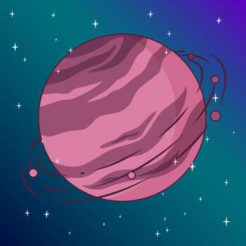 Saturn with its moon in the outer space with stars. Vector illustration in cute cartoon style