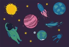 Outer space adventures. Astronaut, flying rocket, sputnik, comet, Sun, stars, Saturn, Earth and other planets. Vector illustration in cute cartoon style