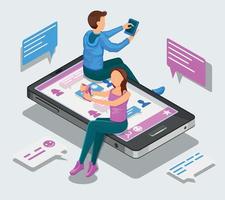 Online dating and virtual relationships isometric concept. Teenagers are chatting sitting on a smartphone. vector