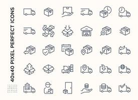 Simple set of Delivery service icon set. Contains such Icons as Warehouse, Storage and box or parcel package outline, Express Shipping, Supply. Editable stroke vector