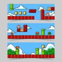 arcada juego pixelado escena pancartas conjunto vector