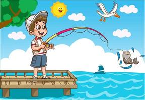 kids fishing in the sea cartoon vector