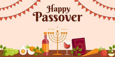 flat happy passover horizontal banner illustration with vegetables, holy book, and drink vector