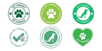 Pet Friendly Signs Collection. Set of green vector graphics with dogs and cats symbols. Puppy symbols pack. Labels of entry for mascots.