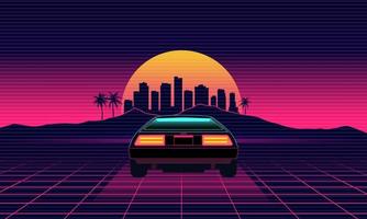 80's Retro car in 3D virtual reality. Sunset outrun landscape in vintage style.1980s vibes. Computer graphic design with grid and city on horizon. Scifi illustration with neon lights and road. vector