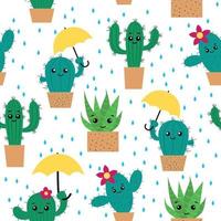 Cartoon cacti in pots with umbrellas. vector