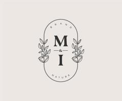 initial MI letters Beautiful floral feminine editable premade monoline logo suitable for spa salon skin hair beauty boutique and cosmetic company. vector