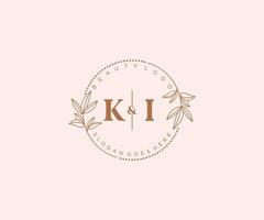 initial KI letters Beautiful floral feminine editable premade monoline logo suitable for spa salon skin hair beauty boutique and cosmetic company. vector